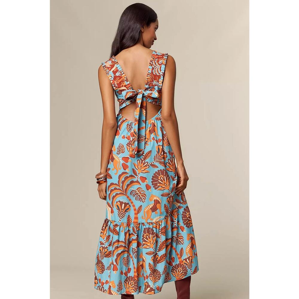 NWT Farm Rio x Anthropologie Square-Neck Midi Dress $285 LARGE Blue - Picture 3 of 4